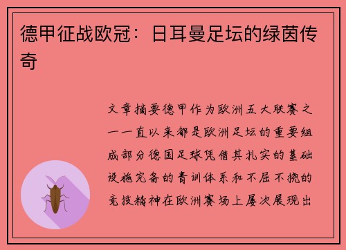 德甲征战欧冠：日耳曼足坛的绿茵传奇