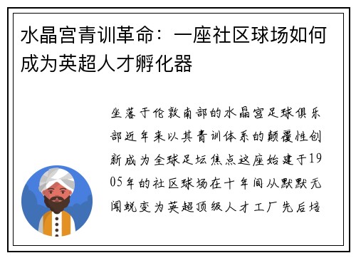 水晶宫青训革命：一座社区球场如何成为英超人才孵化器